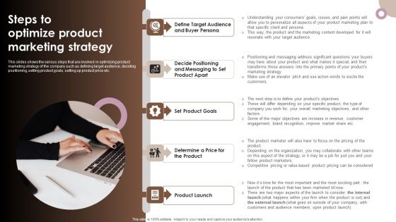 Strategic Components Of Product Advertising Steps To Optimize Product Marketing Strategy Background PDF