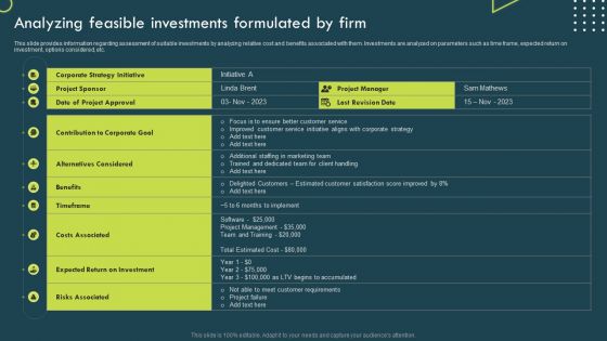 Strategic Corporate Planning To Attain Analyzing Feasible Investments Formulated By Firm Template PDF Strategic Corporate Planning To Attain Analyzing Feasible Investments Formulated By Firm Template PDF