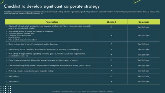 Strategic Corporate Planning To Attain Checklist To Develop Significant Corporate Strategy Rules PDF