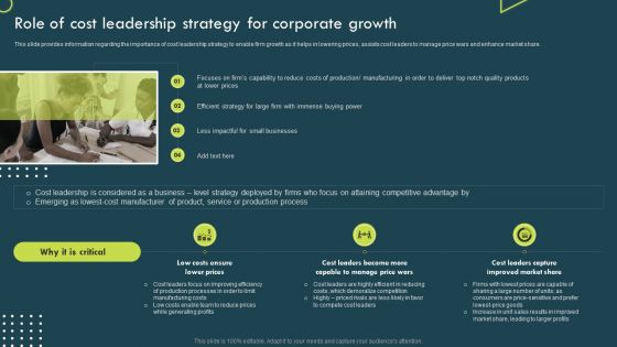 Strategic Corporate Planning To Attain Role Of Cost Leadership Strategy For Corporate Growth Portrait PDF