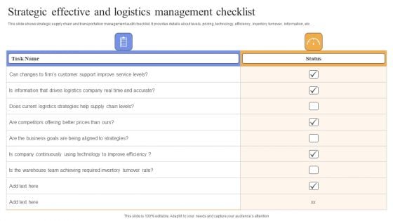 Strategic Effective And Logistics Management Checklist Inspiration PDF