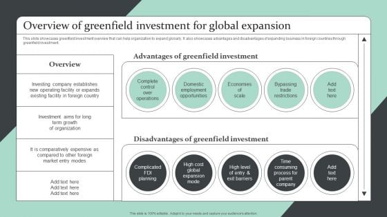 Strategic Global Expansion Business Plan Overview Of Greenfield Investment For Global Expansion Diagrams PDF