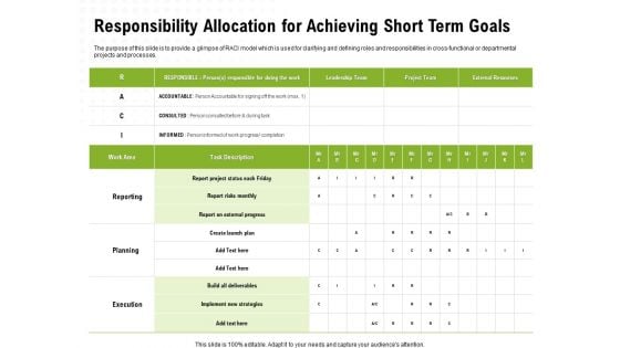 Strategic Growth Technique Responsibility Allocation For Achieving Short Term Goals Ppt Diagram Graph Charts PDF