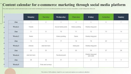 Strategic Guide For Mastering E Commerce Marketing Content Calendar For E Commerce Marketing Through Social Media Infographics PDF