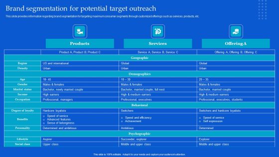 Strategic Guide To Build Brand Personality Brand Segmentation For Potential Target Outreach Icons PDF