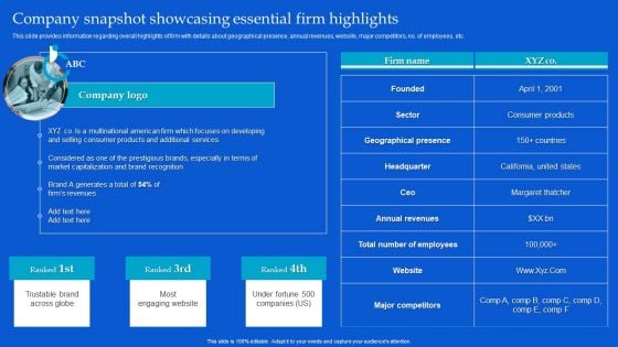 Strategic Guide To Build Brand Personality Company Snapshot Showcasing Essential Firm Highlights Elements PDF