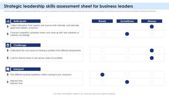 Strategic Leadership Skills Assessment Sheet For Business Leaders Background PDF