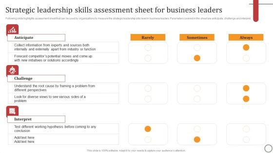 Strategic Leadership Skills Assessment Sheet For Business Leaders Elements PDF Strategic Leadership Skills Assessment Sheet For Business Leaders Elements PDF