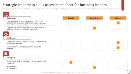 Strategic Leadership Skills Assessment Sheet For Business Leaders Elements PDF