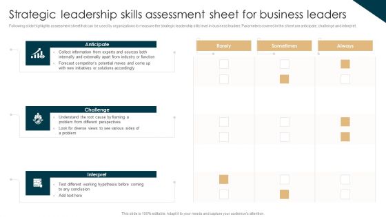 Strategic Leadership Skills Assessment Sheet For Business Leaders Formats PDF