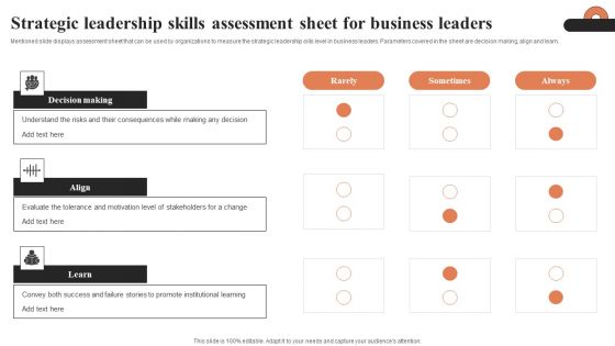 Strategic Leadership Skills Assessment Sheet For Business Leaders Ppt Icon Show PDF