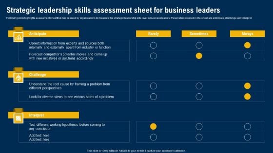 Strategic Leadership Skills Assessment Sheet For Business Leaders Ultimate Guide Of Strategic Management Download PDF