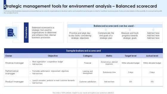 Strategic Management Tools For Environment Analysis Balanced Scorecard Graphics PDF