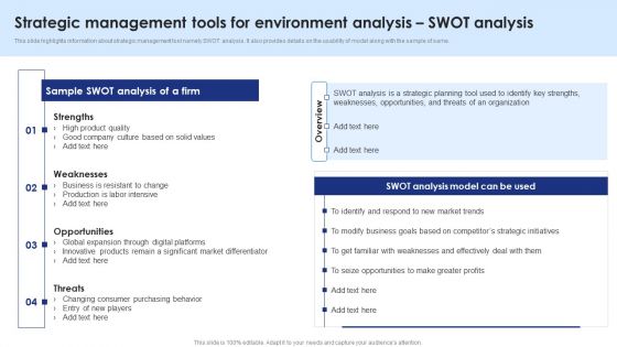 Strategic Management Tools For Environment Analysis Swot Analysis Clipart PDF