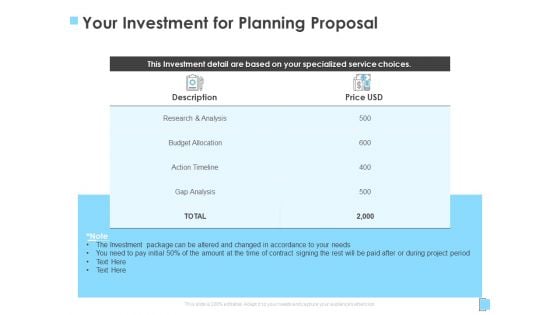 Strategic Management Your Investment For Planning Proposal Ppt Inspiration Icons PDF