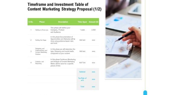 Strategic Marketing Approach Timeframe Investment Table Of Content Marketing Strategy Proposal Topics PDF