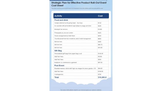Strategic Plan For Effective Product Roll Out Event Cost Sheet One Pager Sample Example Document Strategic Plan For Effective Product Roll Out Event Cost Sheet One Pager Sample Example Document