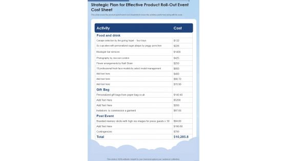 Strategic Plan For Effective Product Roll Out Event Cost Sheet One Pager Sample Example Document