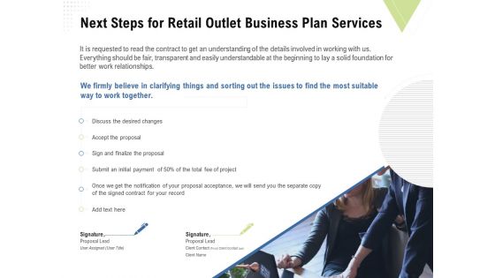 Strategic Plan Retail Store Next Steps For Retail Outlet Business Plan Services Ppt Model Layout Ideas PDF