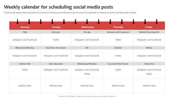 Strategic Plan To Establish And Promote Brand Awareness Weekly Calendar For Scheduling Social Media Infographics PDF