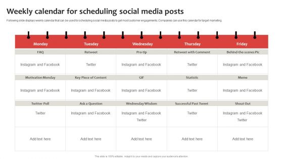 Strategic Plan To Establish And Promote Brand Awareness Weekly Calendar For Scheduling Social Media Infographics PDF Strategic Plan To Establish And Promote Brand Awareness Weekly Calendar For Scheduling Social Media Infographics PDF