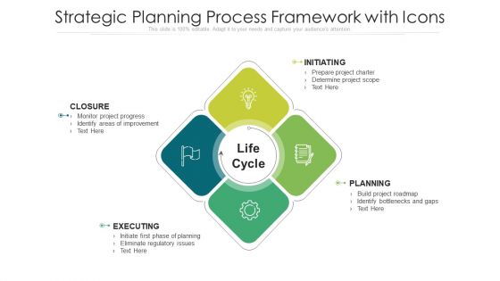 Strategic Planning Process Framework With Icons Ppt PowerPoint Presentation File Design Templates PDF