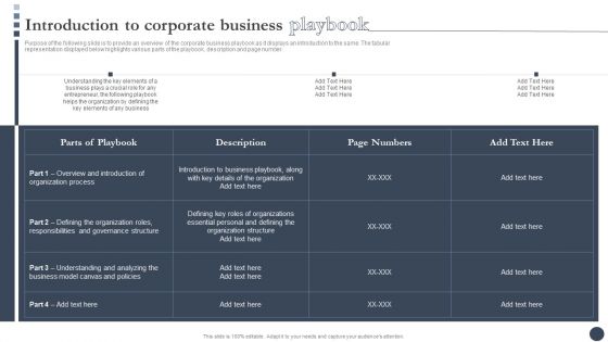 Strategic Playbook For Enterprise Administration Introduction To Corporate Business Playbook Demonstration PDF