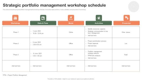 Strategic Portfolio Management Workshop Schedule Ppt PowerPoint Presentation File Graphics PDF