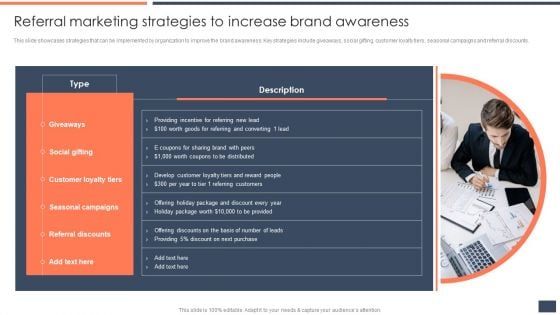 Strategic Promotion Guide To Boost Customer Brand Awareness Referral Marketing Strategies To Increase Brand Awareness Template PDF Strategic Promotion Guide To Boost Customer Brand Awareness Referral Marketing Strategies To Increase Brand Awareness Template PDF