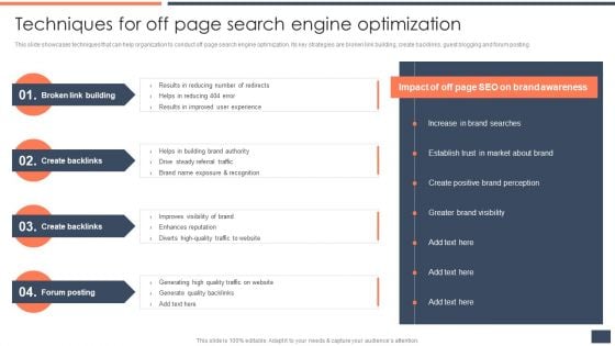 Strategic Promotion Guide To Boost Customer Brand Awareness Techniques For Off Page Search Engine Optimization Slides PDF