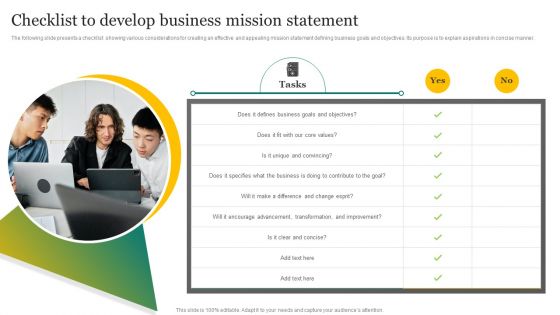 Strategic Promotion Plan Development Stages Checklist To Develop Business Mission Statement Topics PDF