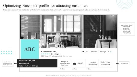 Strategic Promotional Guide For Restaurant Business Advertising Optimizing Facebook Profile For Attracting Customers Summary PDF