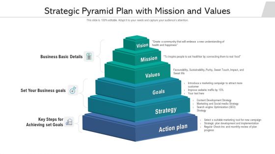 Strategic Pyramid Plan With Mission And Values Ppt Show Format Ideas PDF