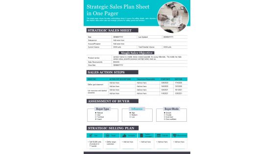 Strategic Sales Plan Sheet In One Pager PDF Document PPT Template