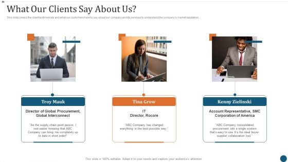 Strategic Sourcing Plan What Our Clients Say About Us Slides PDF