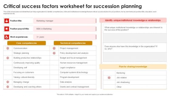 Strategic Talent Development Critical Success Factors Worksheet For Succession Planning Formats PDF