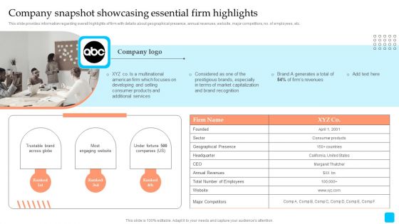 Strategic Toolkit To Administer Brand Image Company Snapshot Showcasing Essential Firm Highlights Sample PDF Strategic Toolkit To Administer Brand Image Company Snapshot Showcasing Essential Firm Highlights Sample PDF