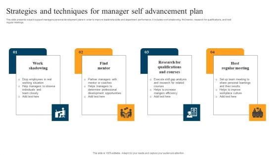 Strategies And Techniques For Manager Self Advancement Plan Portrait PDF