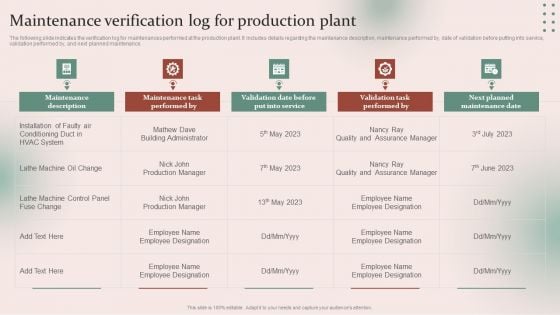 Strategies For Effective Manufacturing Maintenance Verification Log For Production Plant Brochure PDF