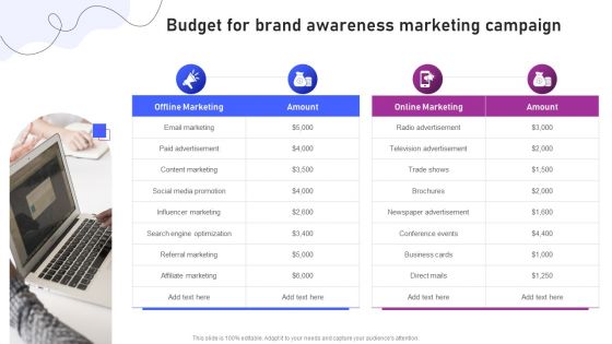 Strategies For Marketing Budget For Brand Awareness Marketing Campaign Brochure PDF