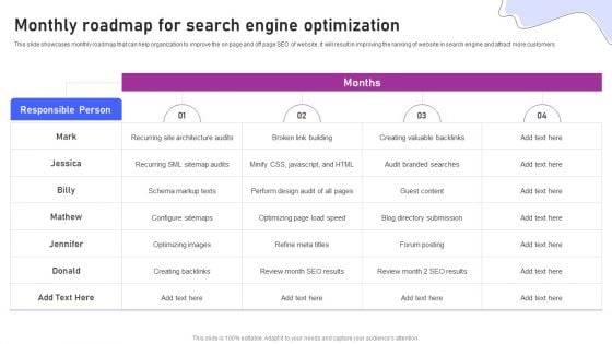 Strategies For Marketing Monthly Roadmap For Search Engine Optimization Graphics PDF