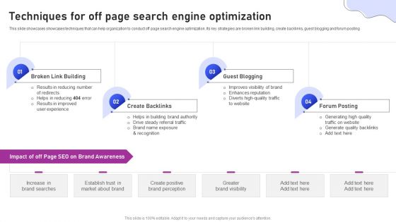 Strategies For Marketing Techniques For Off Page Search Engine Optimization Diagrams PDF