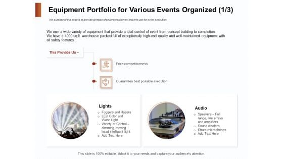 Strategies For Organizing Events Equipment Portfolio For Various Events Organized Ppt Slides Infographics PDF