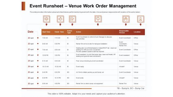 Strategies For Organizing Events Event Runsheet Venue Work Order Management Ppt Gallery Styles PDF