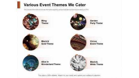 Strategies For Organizing Events Various Event Themes We Cater Ppt PowerPoint Presentation Summary Slideshow PDF Strategies For Organizing Events Various Event Themes We Cater Ppt PowerPoint Presentation Summary Slideshow PDF