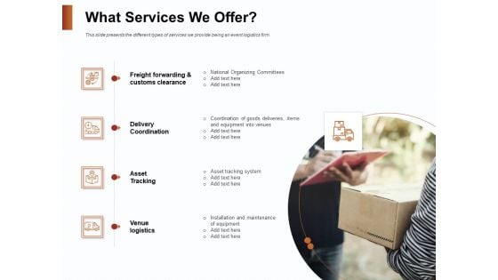 Strategies For Organizing Events What Services We Offer Ppt PowerPoint Presentation Slides Visual Aids PDF Strategies For Organizing Events What Services We Offer Ppt PowerPoint Presentation Slides Visual Aids PDF