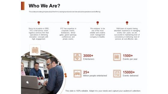 Strategies For Organizing Events Who We Are Ppt PowerPoint Presentation Model Slide PDF Strategies For Organizing Events Who We Are Ppt PowerPoint Presentation Model Slide PDF