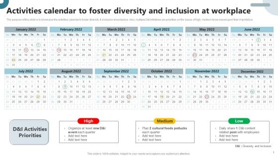 Strategies To Deploy Diversity In Workplace Activities Calendar To Foster Diversity And Inclusion At Workplace Infographics PDF