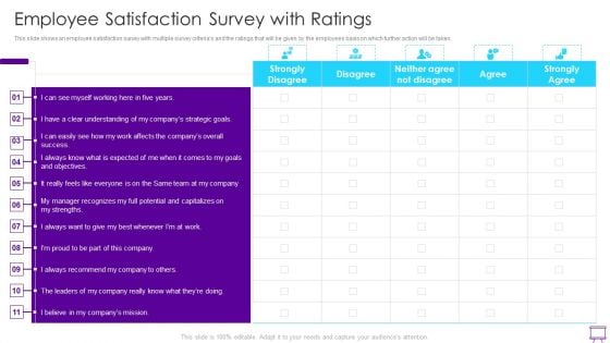Strategies To Enhance Employee Engagement Employee Satisfaction Survey With Ratings Mockup PDF