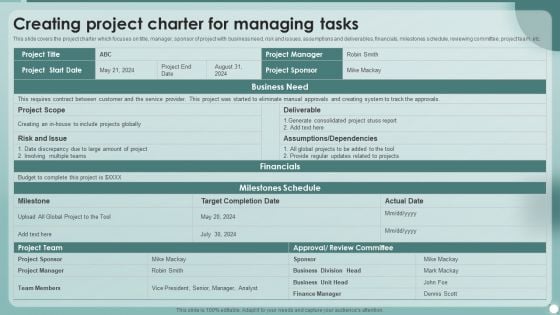 Strategies To Enhance Project Management Process Creating Project Charter For Managing Tasks Topics PDF